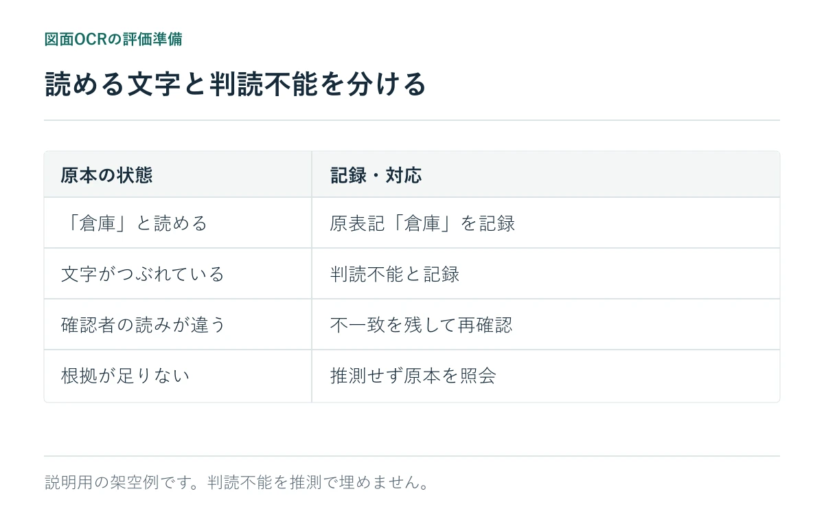 読める文字と判読不能を分ける。説明用の架空例です。判読不能を推測で埋めません。