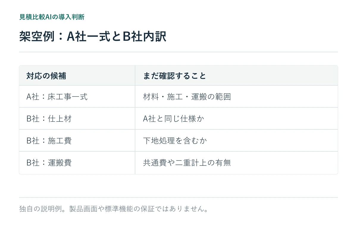 架空例：A社一式とB社内訳。独自の説明例。製品画面や標準機能の保証ではありません。