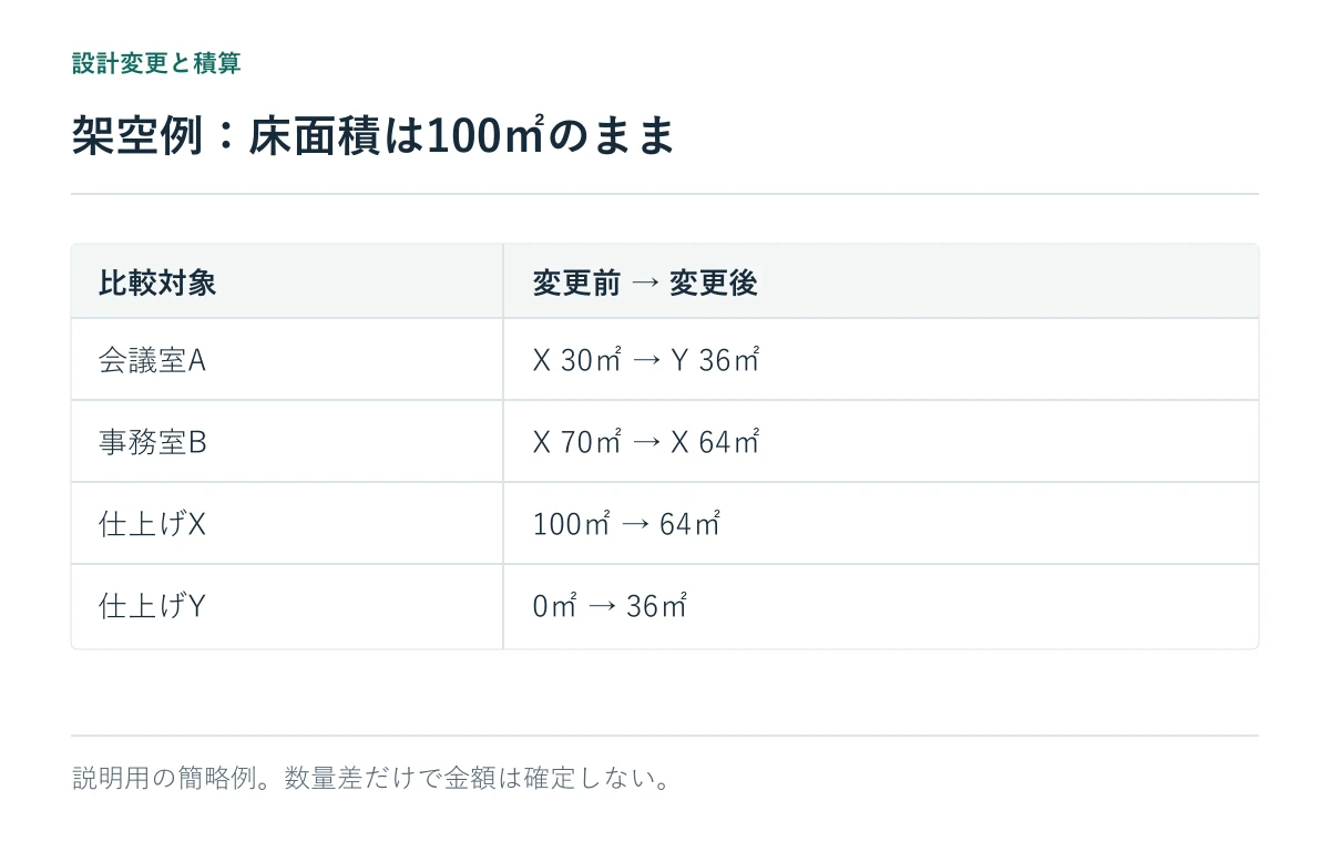 架空例:床面積は100㎡のまま。説明用の簡略例。数量差だけで金額は確定しない。