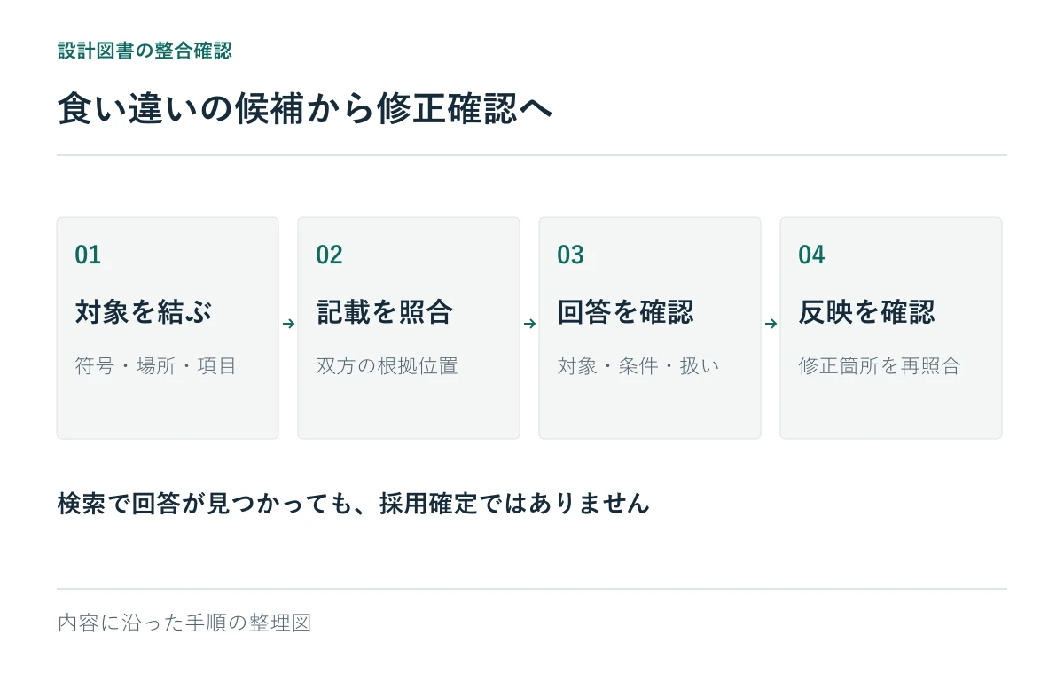 食い違いの候補から修正確認へ:対象を結ぶ、記載を照合、回答を確認、反映を確認